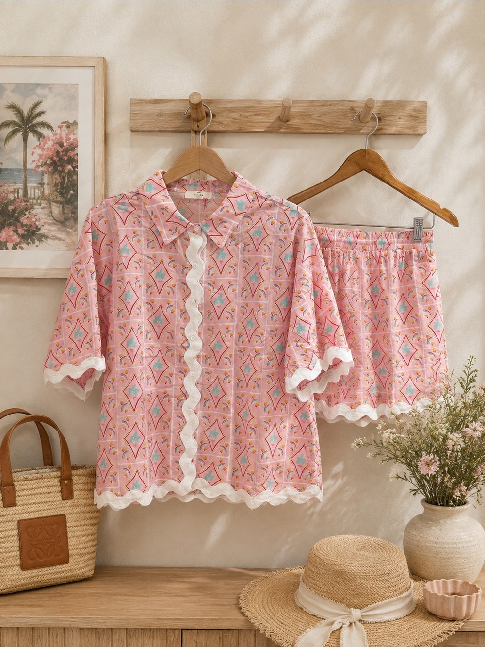 NWT Entro Boutique Ric Rac Patterned Short & Top Set Sz S M L